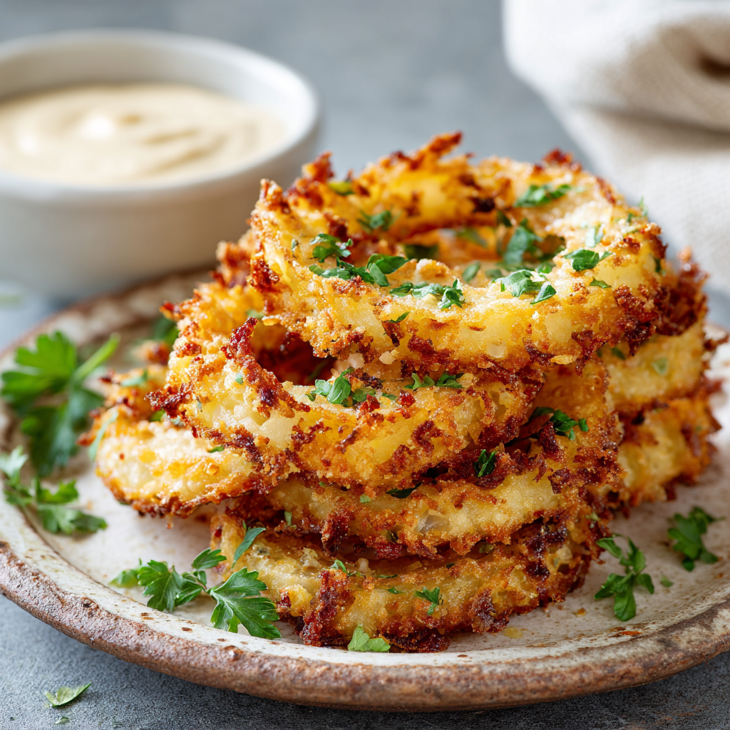 Crispy low-carb onion ring chips with golden Parmesan edges served with dipping sauce
