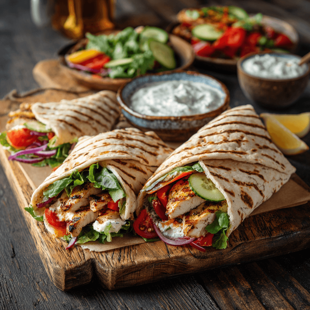 Slices of cottage cheese flatbread used as wraps with vegetables and grilled chicken on a rustic plate