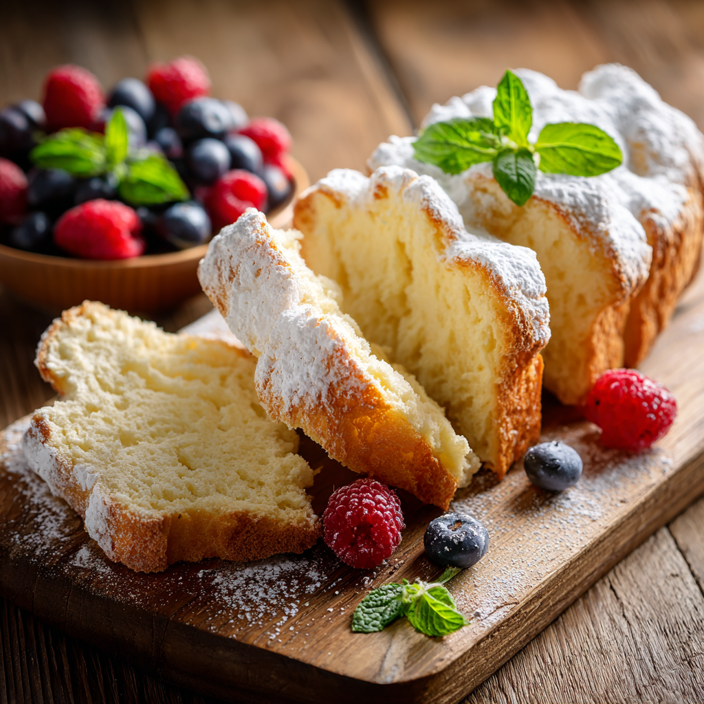 Slices of cloud bread served with berries and mint on a wooden board.