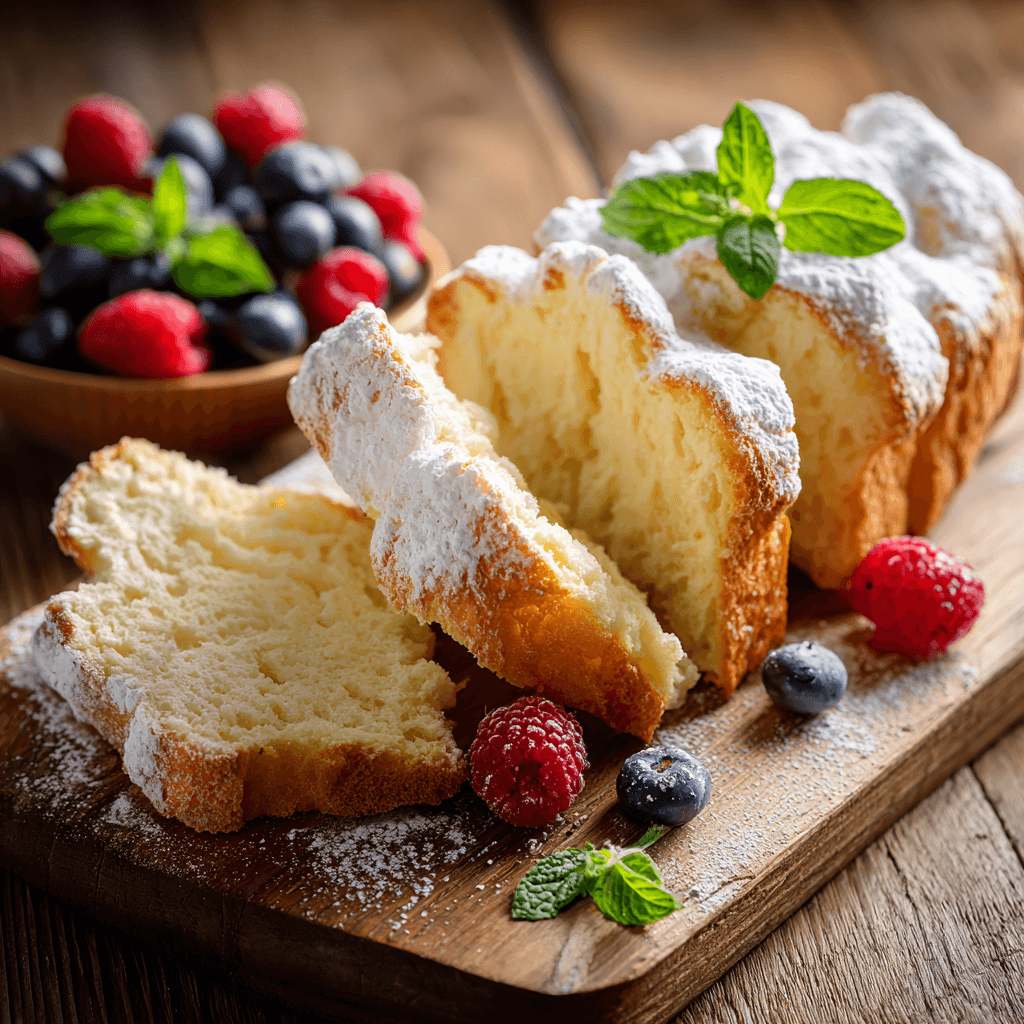 Slices of fluffy cloud bread served with berries and mint on a wooden board.