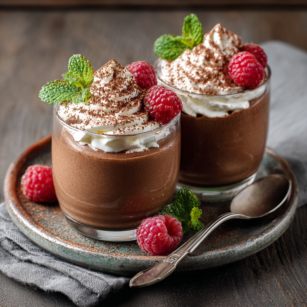 Two glasses of keto chocolate mousse with whipped cream, raspberries, and mint