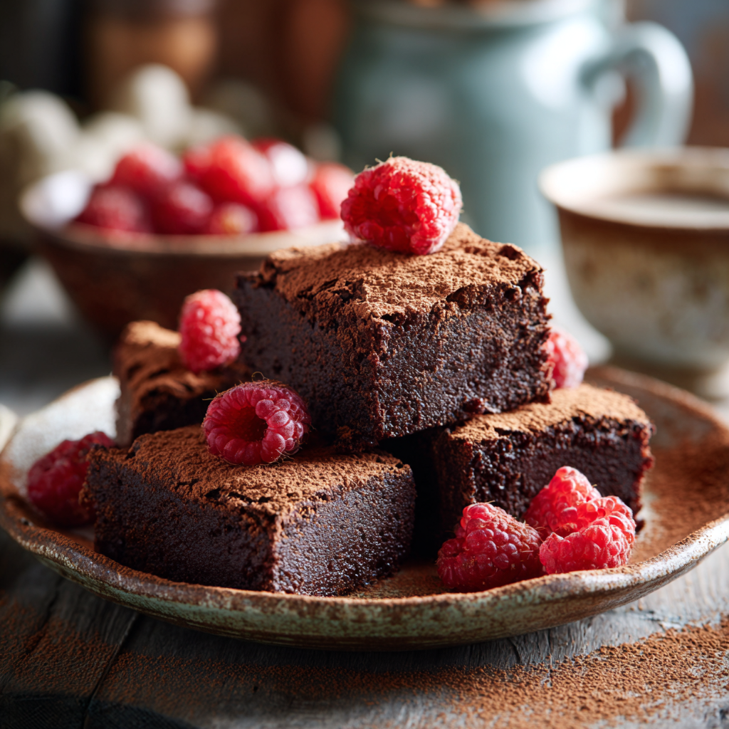 Fudgy keto avocado brownies topped with cocoa powder and raspberries on a plate