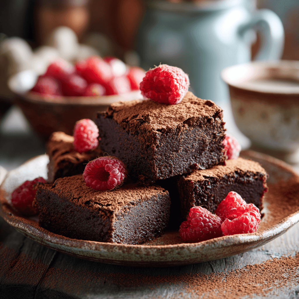 Fudgy keto avocado brownies topped with cocoa powder and raspberries on a plate