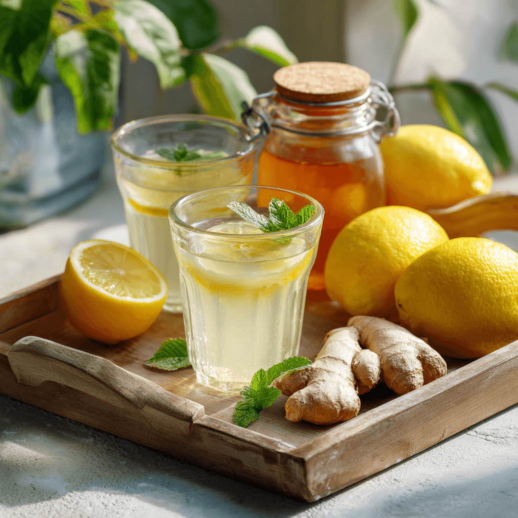 Glass of Natural Mounjaro drink with lemon, ginger, honey, and mint served on a breakfast tray in a bright kitchen