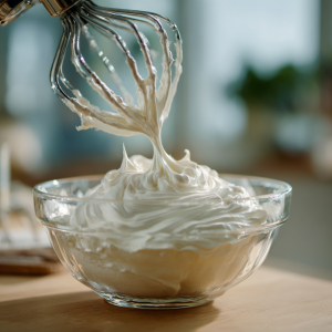 Whipping glossy egg whites to stiff peaks for cloud toast