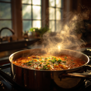 Lasagna soup simmering in a pot with tomato broth, onions, garlic, and Italian herbs