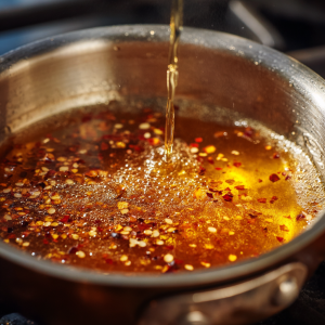 Saucepan with honey and chili flakes bubbling into hot honey sauce