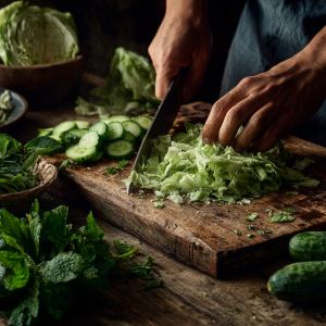 Hands chopping cabbage and cucumbers for fresh green goddess salad on a cutting board