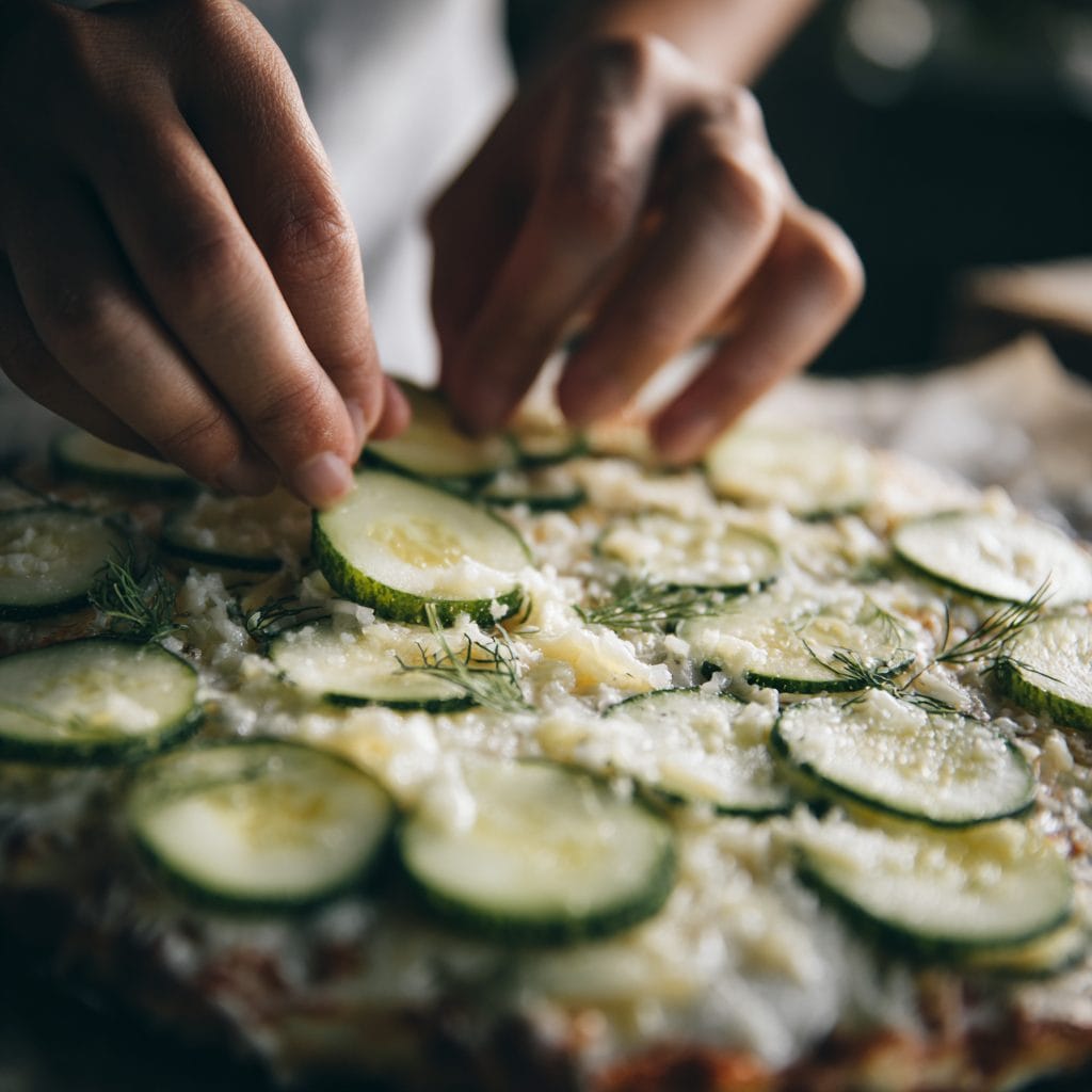 adding sliced pickles on cheesy pizza base before baking