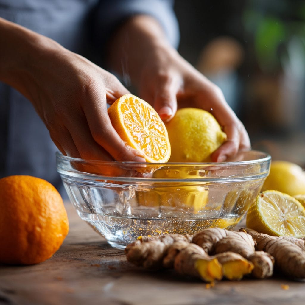 citrus glow shots prep squeezing lemon and orange with ginger turmeric