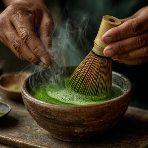 Whisking bright green matcha powder with hot water using a bamboo whisk