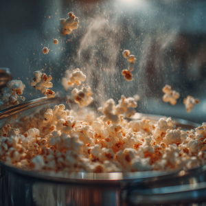 Popcorn kernels bursting inside a pot with steam for hot honey popcorn