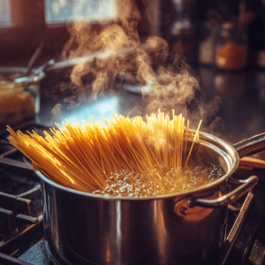 Spaghetti boiling in salted water in a stainless steel pot with steam rising