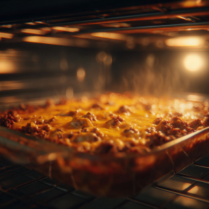 Taco casserole baking in the oven with bubbling cheese on top