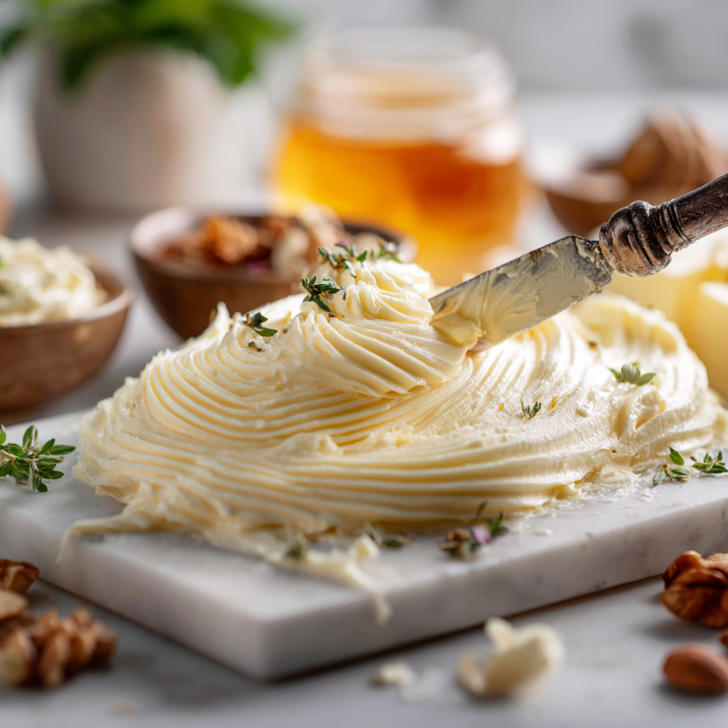 Spatula spreading whipped butter in thick swirls for a butter board on white marble