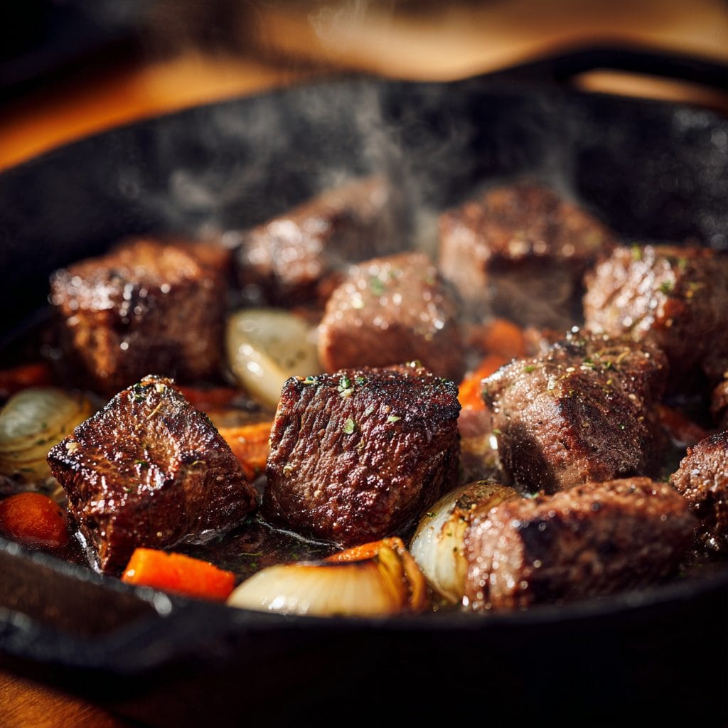 Beef cubes searing in Dutch oven for Classic Beef & Barley Stew with rich Maillard crust