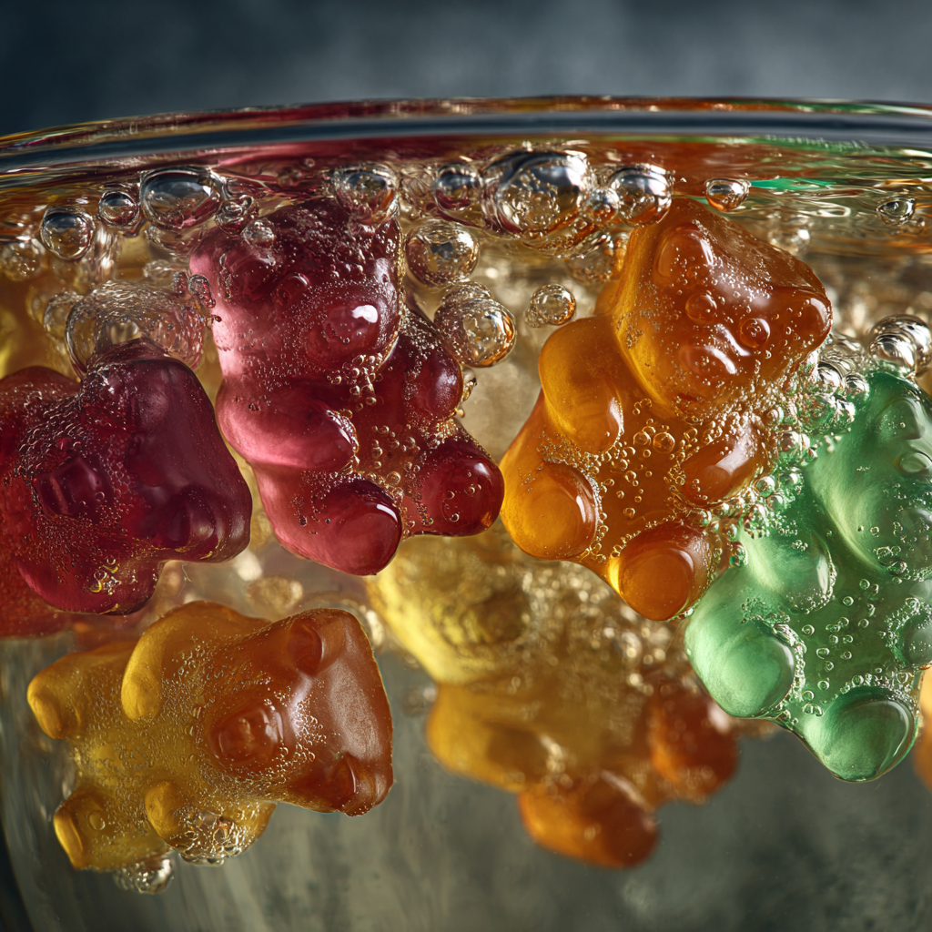 Gummy bears soaking in ginger ale soda with bubbles forming in a glass bowl