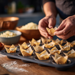Hands folding wonton wrappers into cups inside a muffin tin with cheese filling