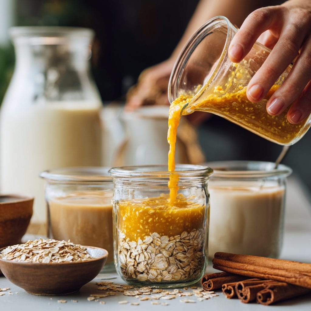 Hands mixing oats, pumpkin purée, milk, and coffee in a jar to prepare overnight oats.