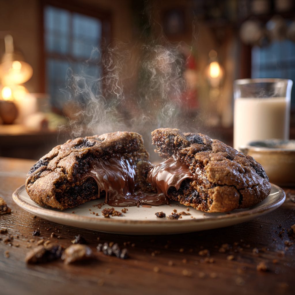 gooey lava cookies broken open with molten center