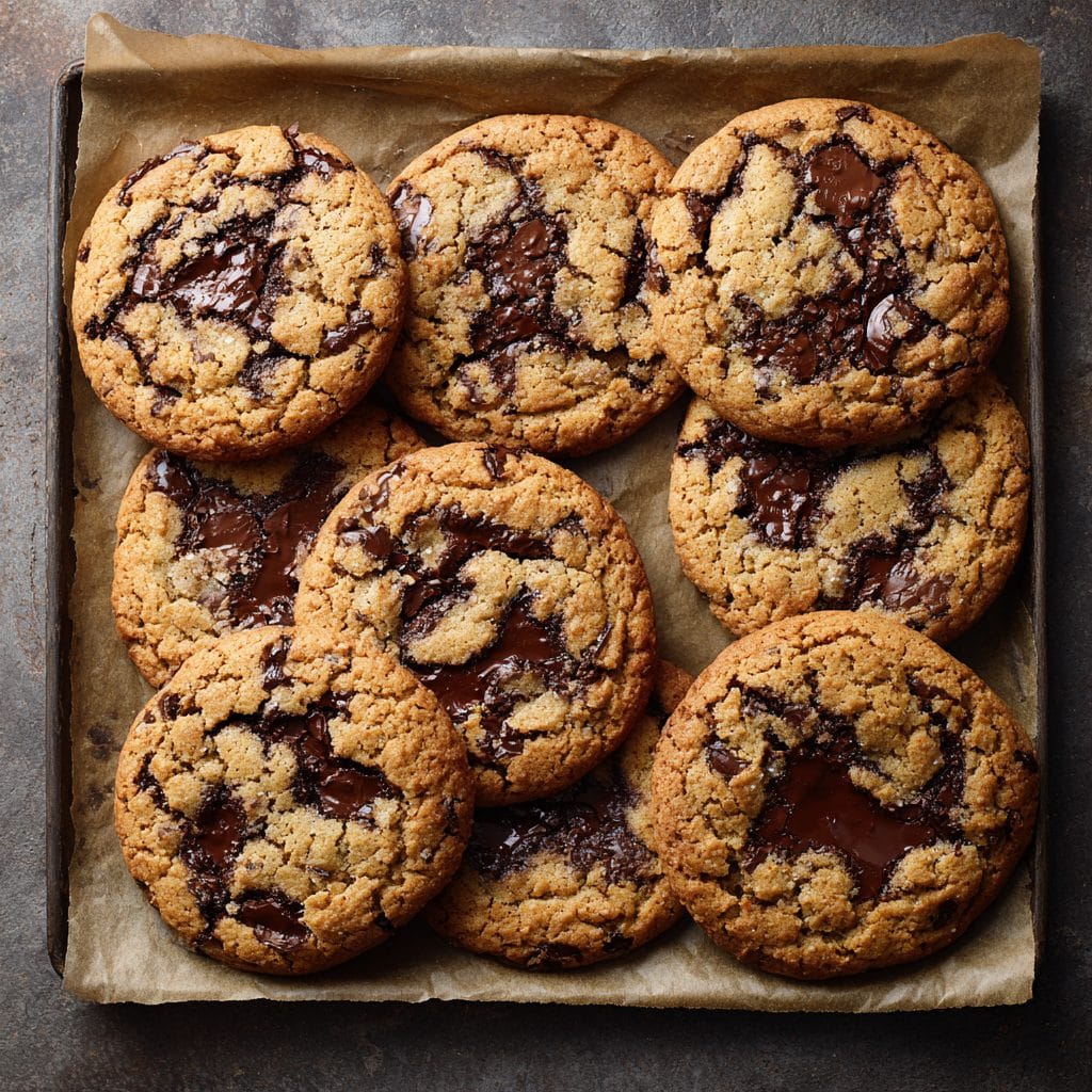gooey lava cookies with cracked golden tops on a pan