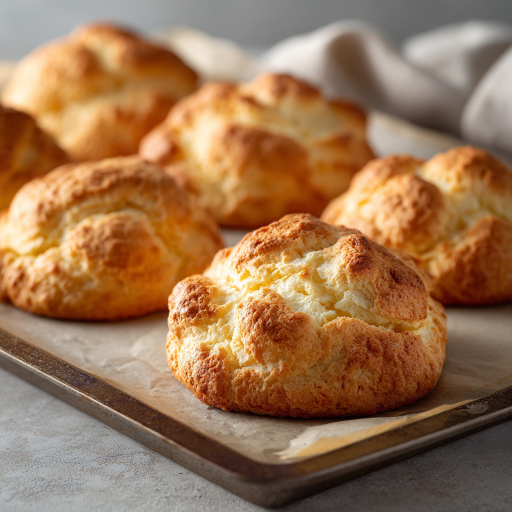 Fluffy golden cloud bread fresh from the oven on a baking tray, airy and light.