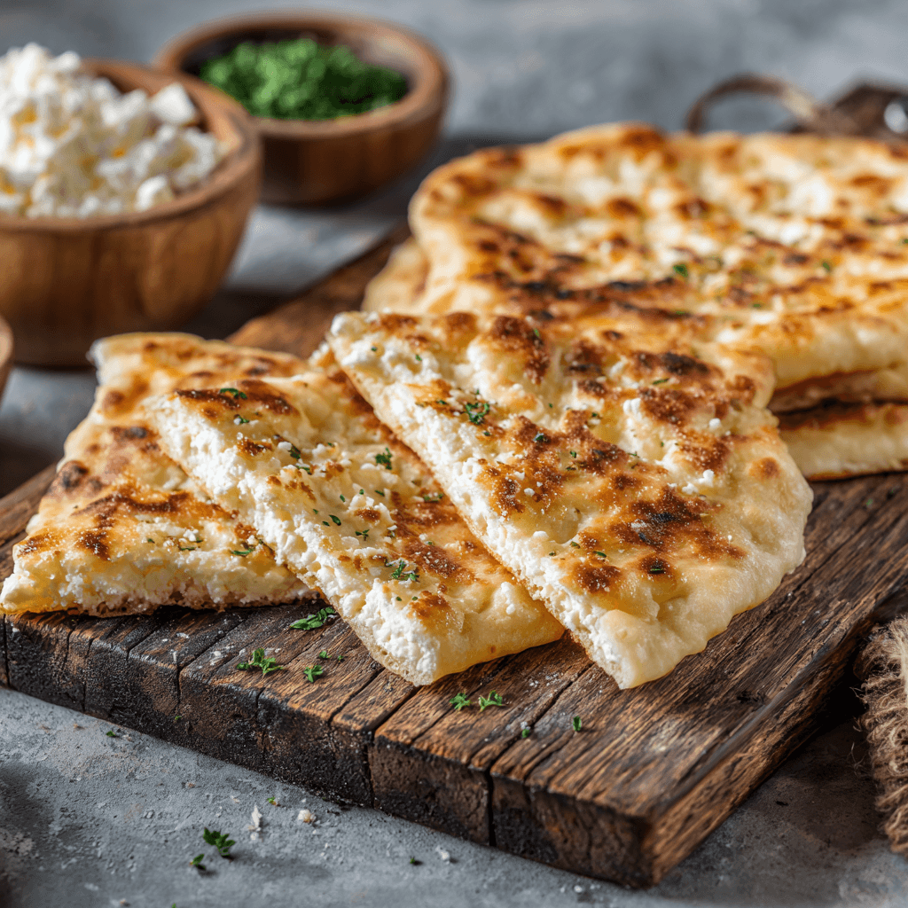 Golden cottage cheese flatbread sliced on a rustic wooden board with herbs in the background