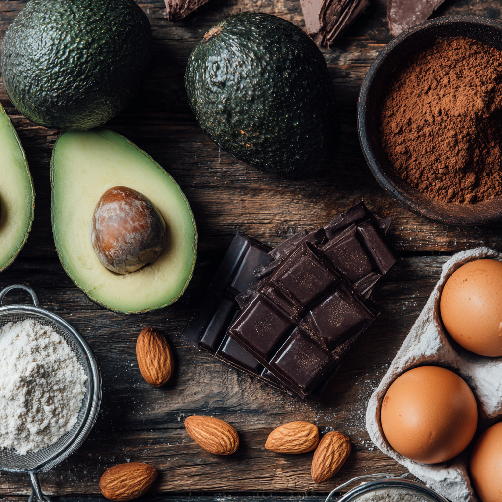 Avocados, chocolate, cocoa powder, almond flour and eggs for keto avocado brownies on a rustic counter