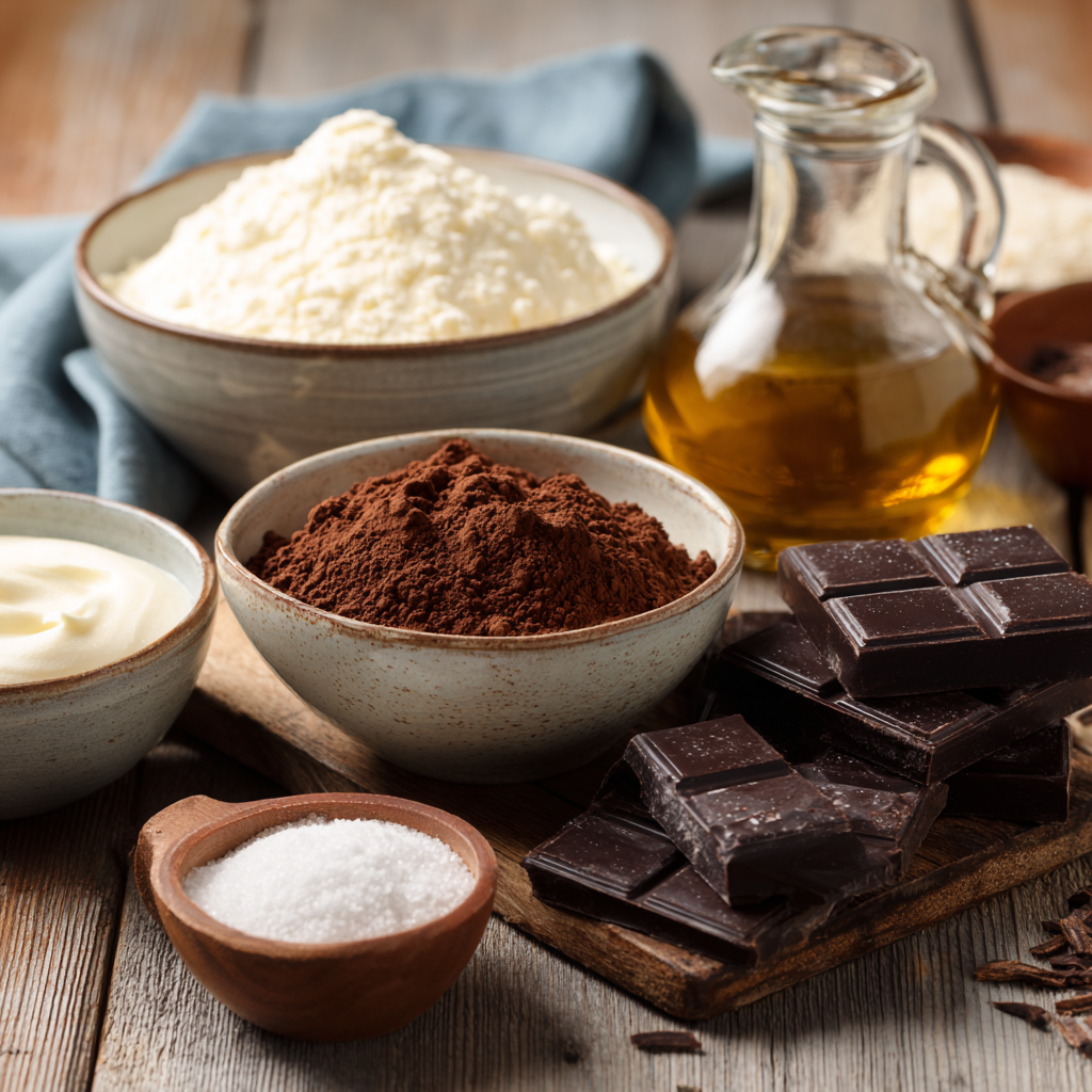 Ingredients for keto chocolate mousse on a rustic wooden table