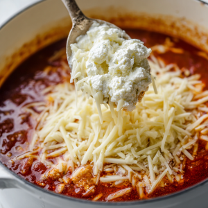Ricotta and mozzarella being added on top of hot lasagna soup, melting into the broth