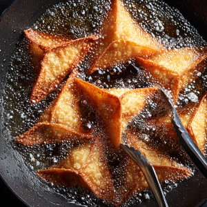 Golden wonton wrappers being fried in oil until crispy and bubbly with tongs