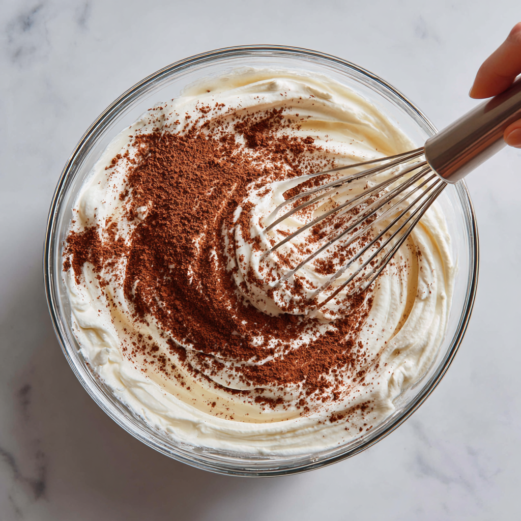Folding cocoa powder into softly whipped cream for keto chocolate mousse