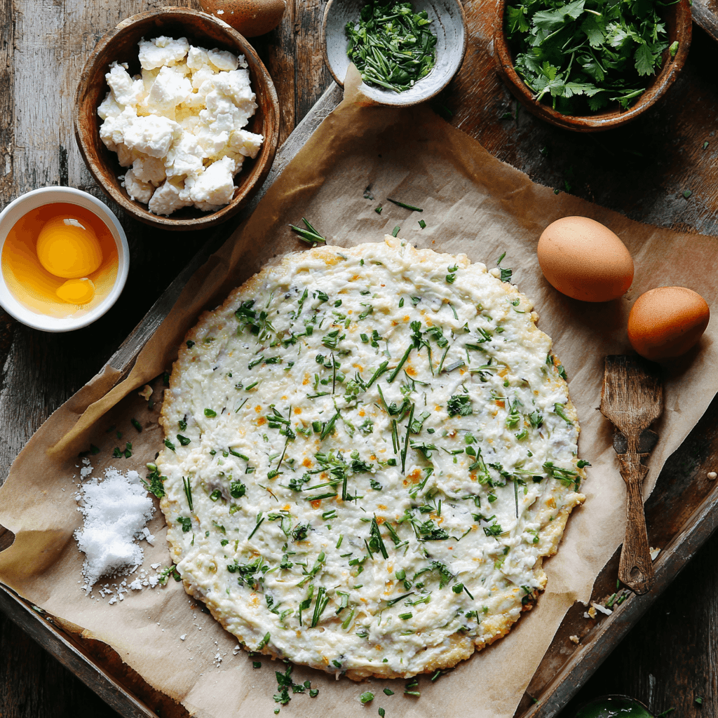 Raw cottage cheese flatbread batter spread on parchment with ingredients nearby