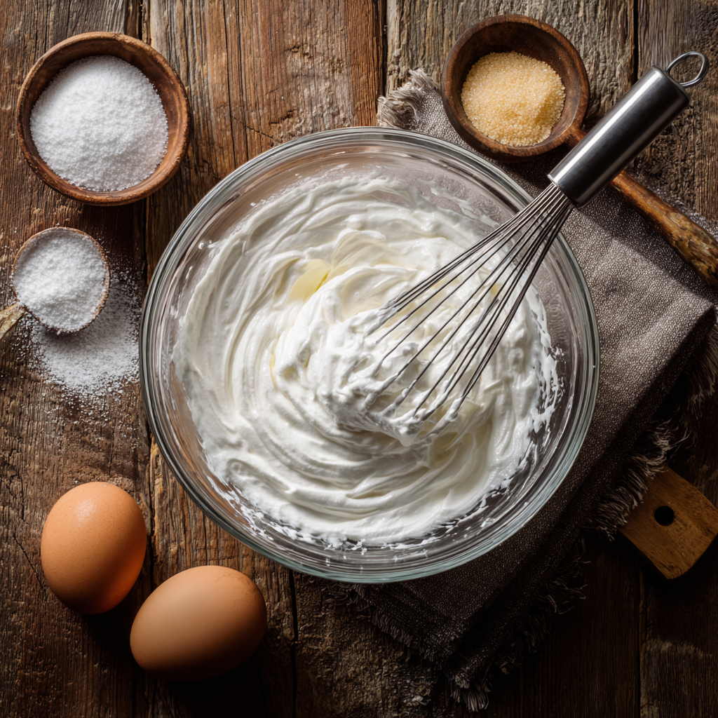 Whipped egg whites at glossy stiff peaks for cloud bread, with sugar and cornstarch measured nearby.