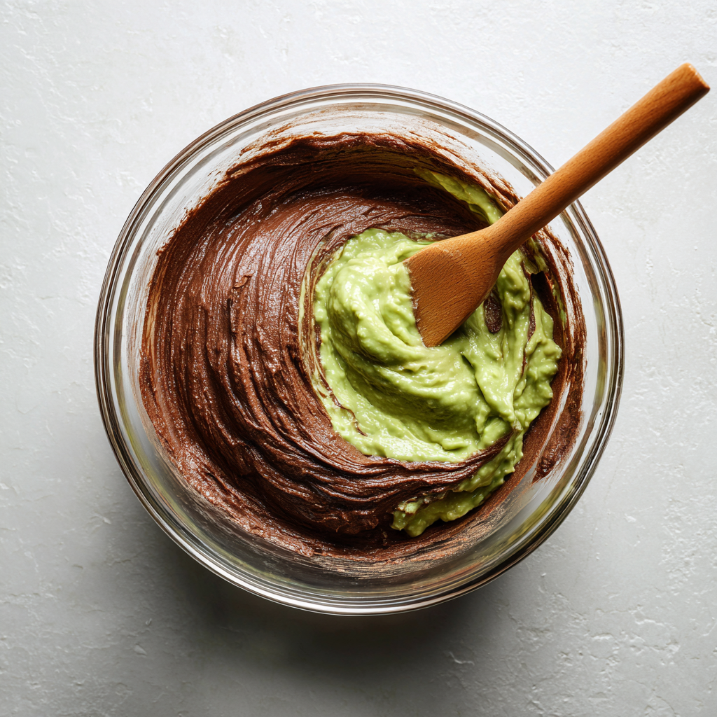 Mixing avocado brownie batter with chocolate and cocoa in a glass bowl