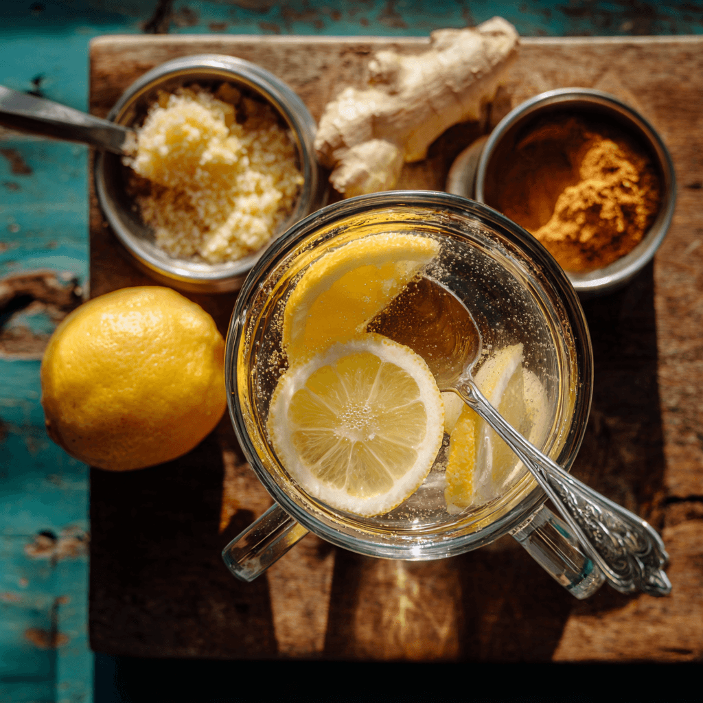 Stirring lemon juice, grated ginger, honey, and apple cider vinegar into warm water in a clear glass mug