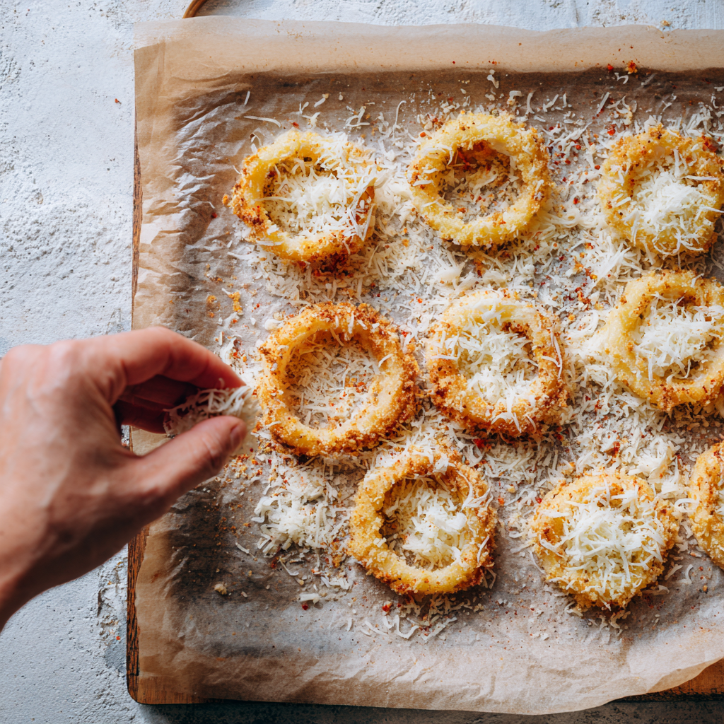 Overhead view of arranging onion rings on grated Parmesan before baking