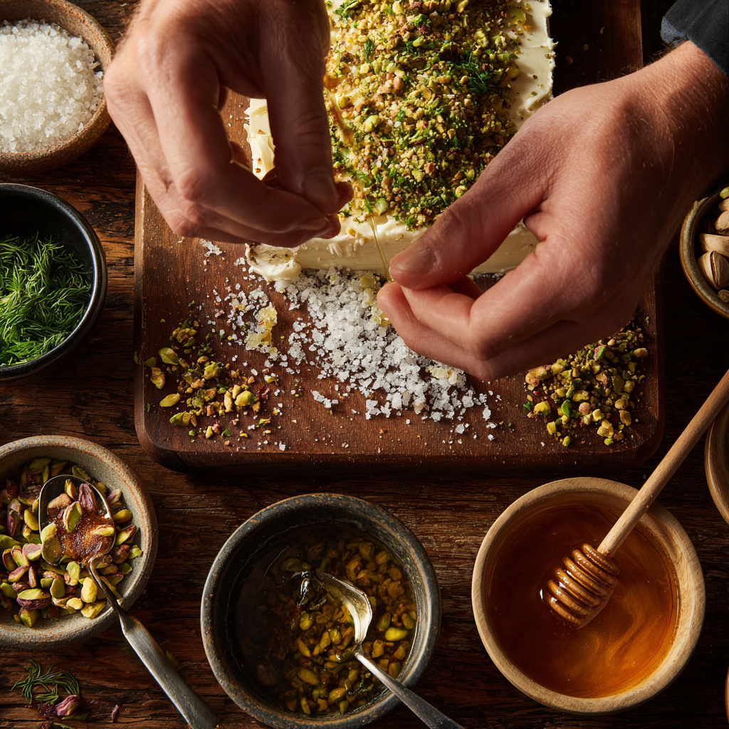 Garnishing a butter board with flaky salt, chopped herbs, crushed pistachios, and honey drizzle