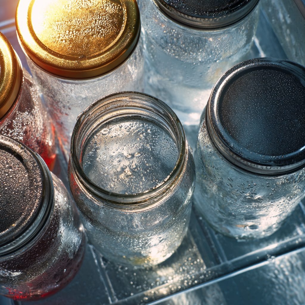 Glass jars of pumpkin overnight oats resting in the fridge overnight.