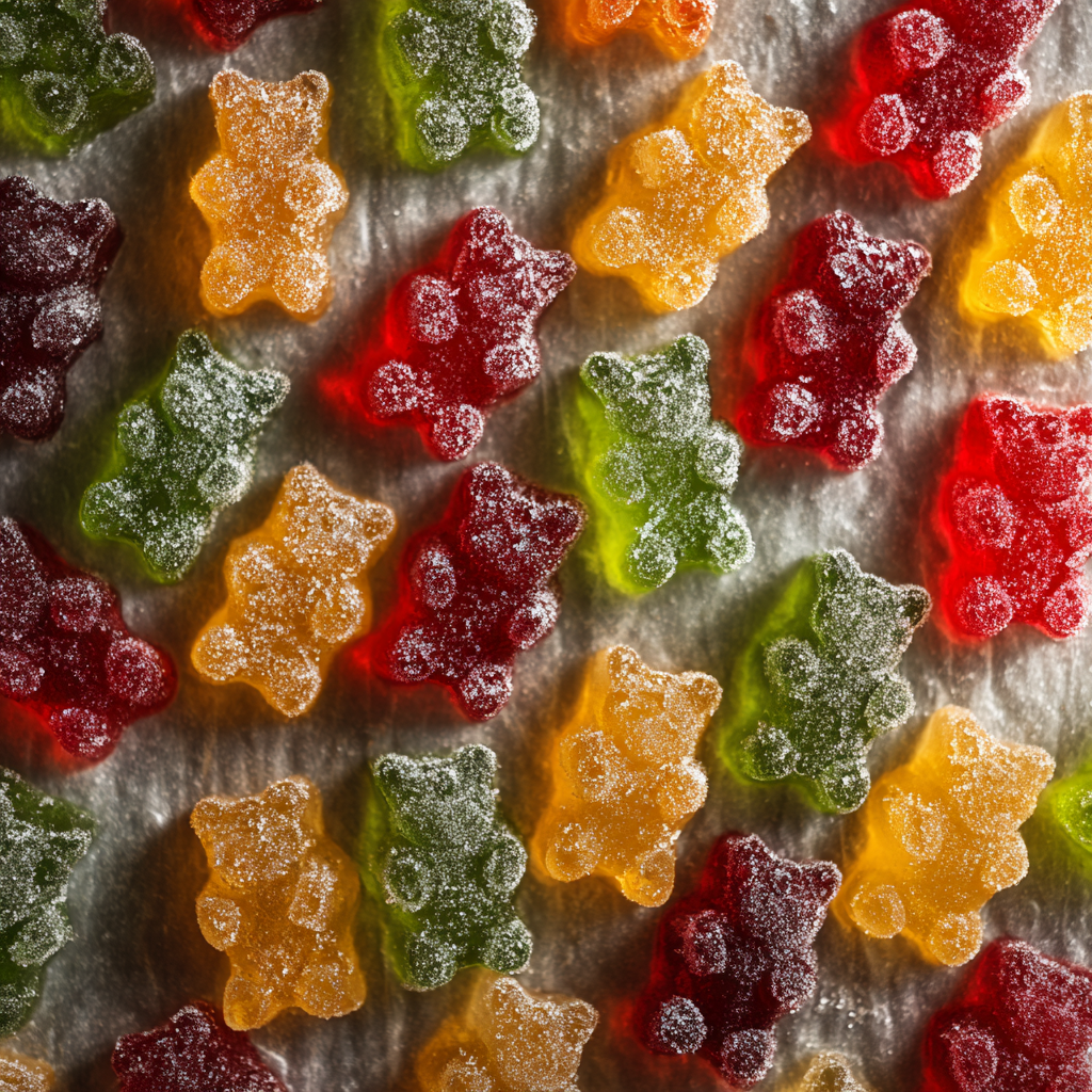 Gummy bears spread on a tray before freezing, condensation and ice crystals forming