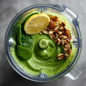 Blender filled with herbs, garlic, lemon, and olive oil making green goddess salad dressing