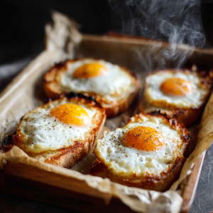 Golden baked egg clouds on bread slices fresh from the oven