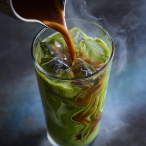 Pouring hot espresso into iced matcha latte with swirling effect