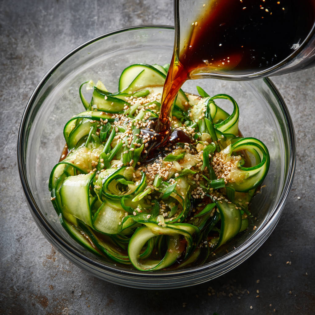 Cucumber ribbons tossed with sesame oil, soy sauce, garlic, and scallions in a glass bowl