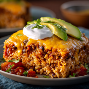 Serving of taco casserole on a plate with rice, beans, salsa, cheese, and sour cream