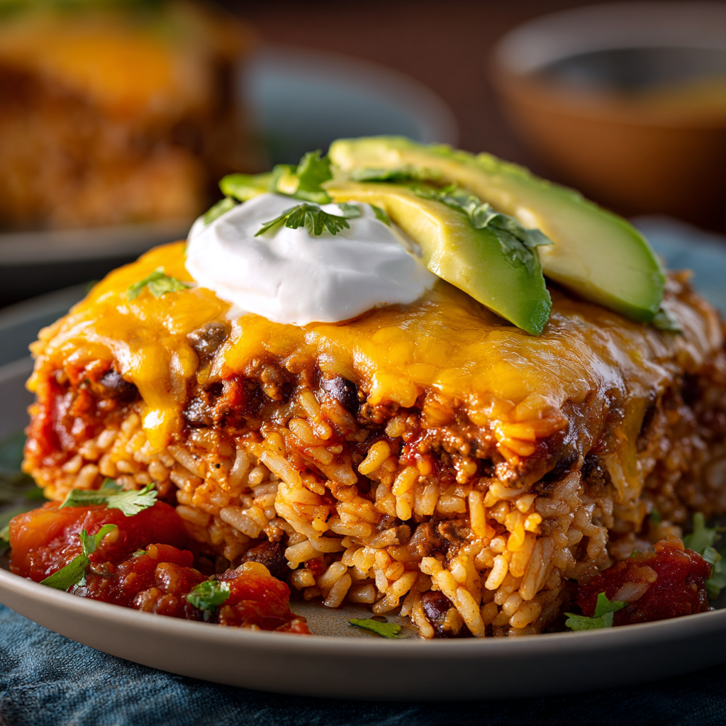 Serving of taco casserole on a plate with rice, beans, salsa, cheese, and sour cream