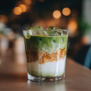 Finished dirty matcha latte with layered colors served in a tall glass with ice cubes