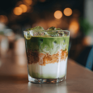 Finished dirty matcha latte with layered colors served in a tall glass with ice cubes