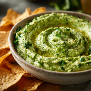 Green goddess salad served as a dip with tortilla chips, creamy and vibrant green