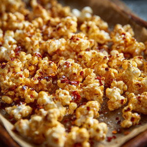 Hot honey popcorn spread on tray with chili flakes and flaky salt, ready to serve